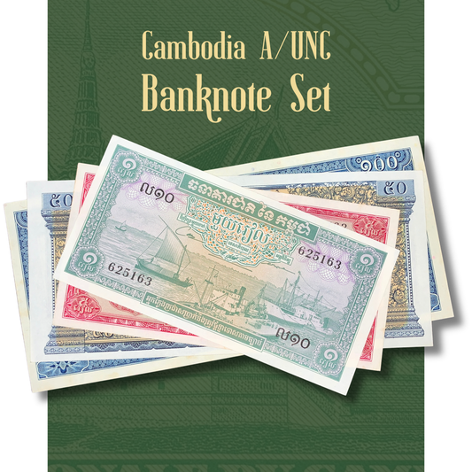 Video showcasing Cambodia A/UNC banknote collection including 1, 5, 50 and 100 Riels notes, authentic vintage Cambodian currency with intricate Khmer artwork and historic designs.