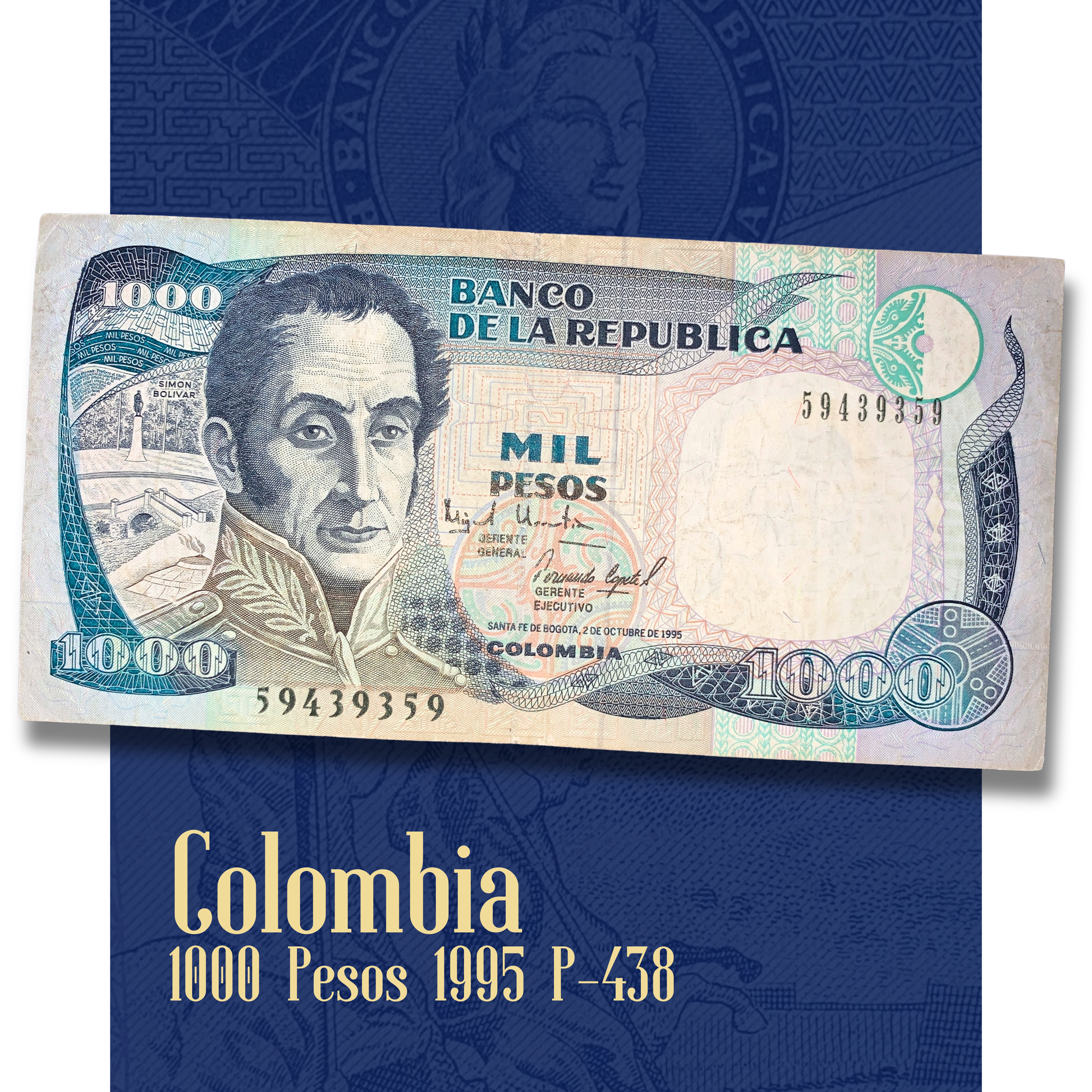 Video showcasing an authentic Colombia 1,000 Pesos banknote dated 2 October 1995, Pick P-438. Smooth close-up views highlight the portrait of Simón Bolívar, the Monument to the Heroes of Pantano de Vargas on the reverse, intricate engraving, vibrant security printing, and the collectible condition of this Banco de la República banknote.