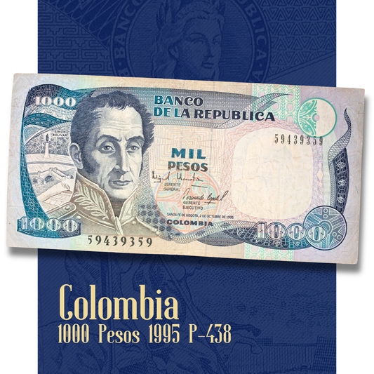 Video showcasing an authentic Colombia 1,000 Pesos banknote dated 2 October 1995, Pick P-438. Smooth close-up views highlight the portrait of Simón Bolívar, the Monument to the Heroes of Pantano de Vargas on the reverse, intricate engraving, vibrant security printing, and the collectible condition of this Banco de la República banknote.