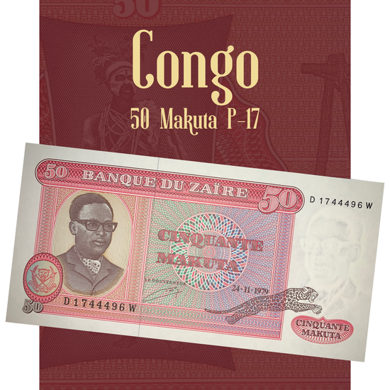 Video showcasing both sides of the Congo (Zaire) 50 Makuta P-17 banknote dated 24 November 1979. The footage highlights the portrait of Mobutu Sese Seko, the Banque du Zaïre seal, intricate multicolored guilloche engraving, the leaping leopard motif, and the reverse featuring a traditionally dressed figure alongside a fishing scene with nets. Close-up views emphasize the note's crisp condition, vibrant colors, fine engraving, and collectible appeal.