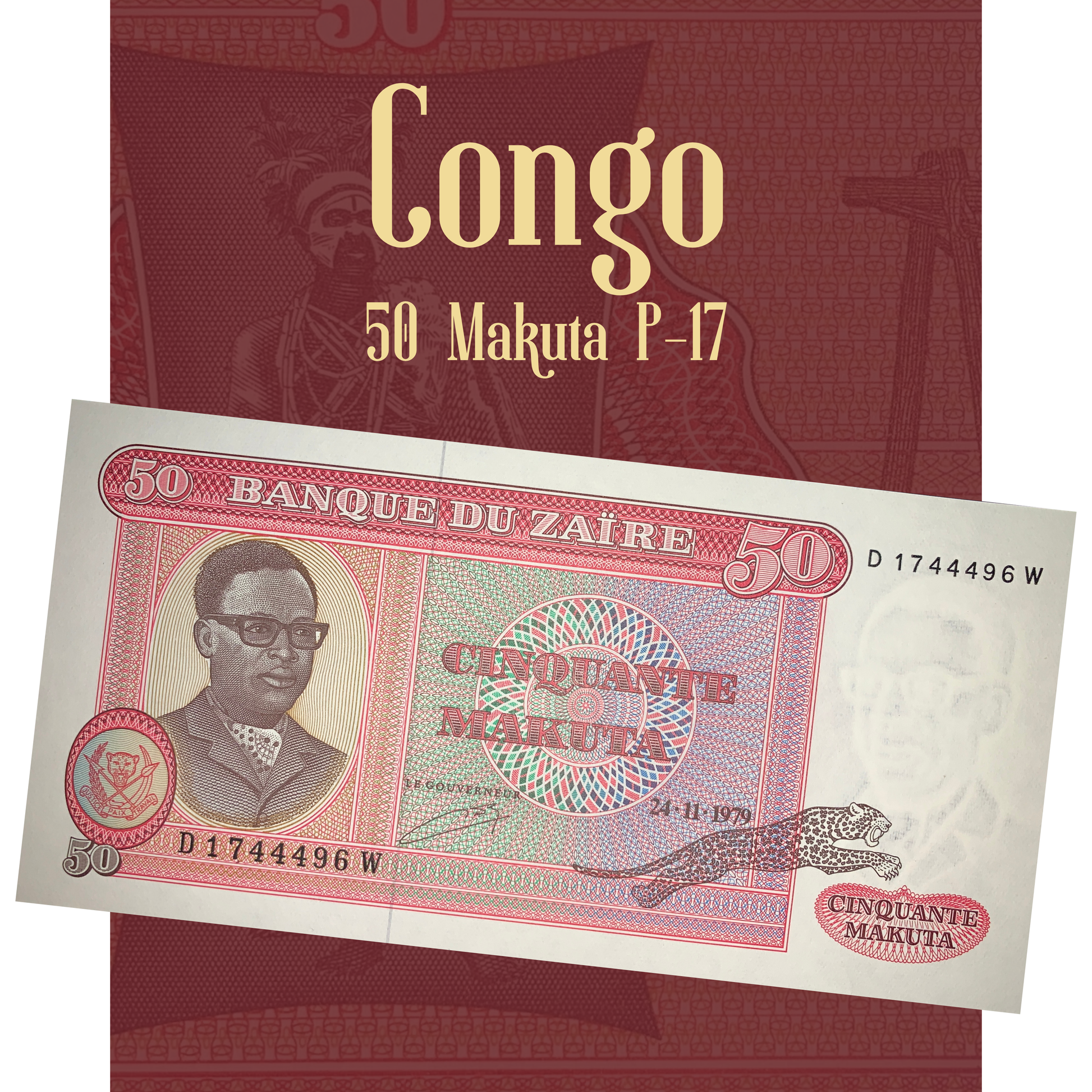 Video showcasing both sides of the Congo (Zaire) 50 Makuta P-17 banknote dated 24 November 1979. The footage highlights the portrait of Mobutu Sese Seko, the Banque du Zaïre seal, intricate multicolored guilloche engraving, the leaping leopard motif, and the reverse featuring a traditionally dressed figure alongside a fishing scene with nets. Close-up views emphasize the note's crisp condition, vibrant colors, fine engraving, and collectible appeal.