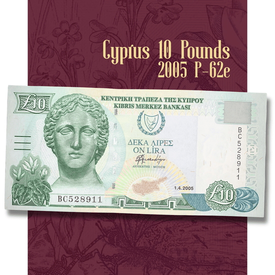 Video showcasing an authentic Cyprus 10 Pounds banknote (2005 P-62e), highlighting both obverse and reverse designs, security elements, detailed engraving, serial numbers, wildlife illustrations, and overall collectible condition under changing light angles.
