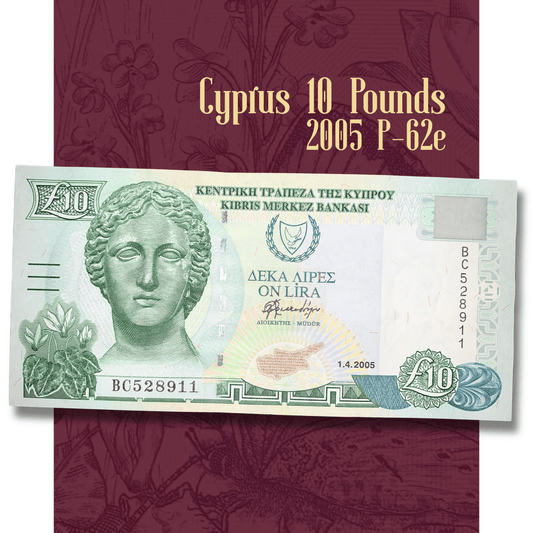 Video showcasing an authentic Cyprus 10 Pounds banknote (2005 P-62e), highlighting both obverse and reverse designs, security elements, detailed engraving, serial numbers, wildlife illustrations, and overall collectible condition under changing light angles.