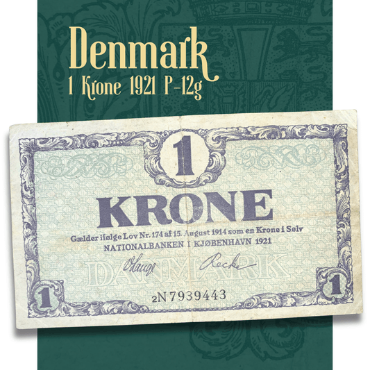 1921 Denmark 1 Krone banknote P-12g Fine condition rare vintage Danish emergency paper money obverse front side Nationalbanken i Kjøbenhavn serial number 2N 7939443.