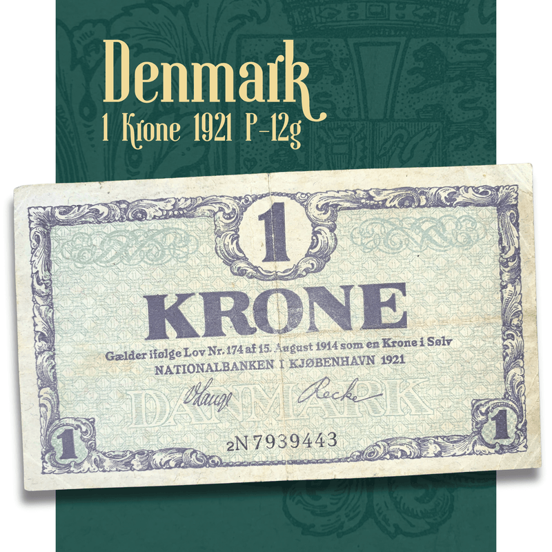 1921 Denmark 1 Krone banknote P-12g Fine condition rare vintage Danish emergency paper money obverse front side Nationalbanken i Kjøbenhavn serial number 2N 7939443.