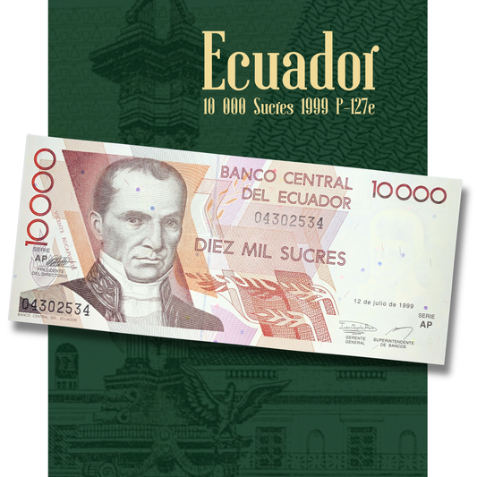 Video of Ecuador 10,000 Sucres 1999 P-127e banknote displaying front and back views, Vicente Rocafuerte portrait, Quito Independence Monument, and collectible paper currency details