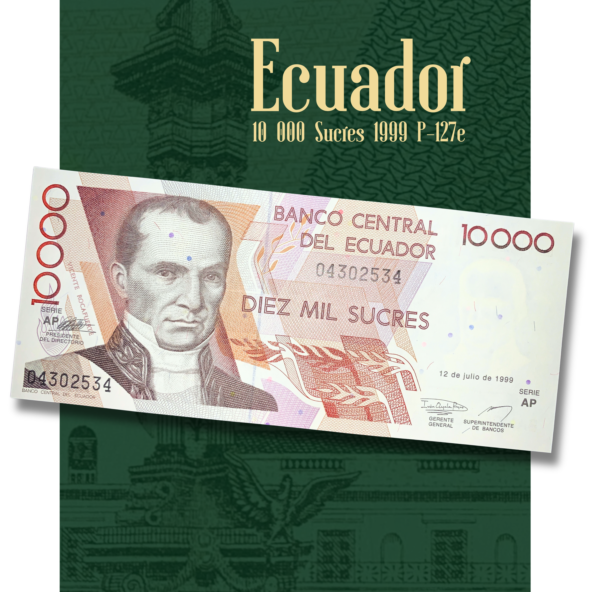 Video of Ecuador 10,000 Sucres 1999 P-127e banknote displaying front and back views, Vicente Rocafuerte portrait, Quito Independence Monument, and collectible paper currency details