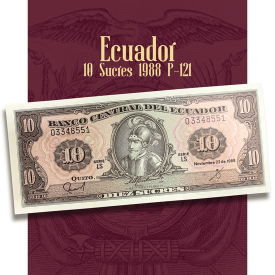 Video showcasing an Ecuador 10 Sucres banknote (P-121), issued by Banco Central del Ecuador in 1988. Features Sebastián de Benalcázar on the obverse and Ecuador’s coat of arms on the reverse, highlighting detailed engraving, paper quality, and collector condition.