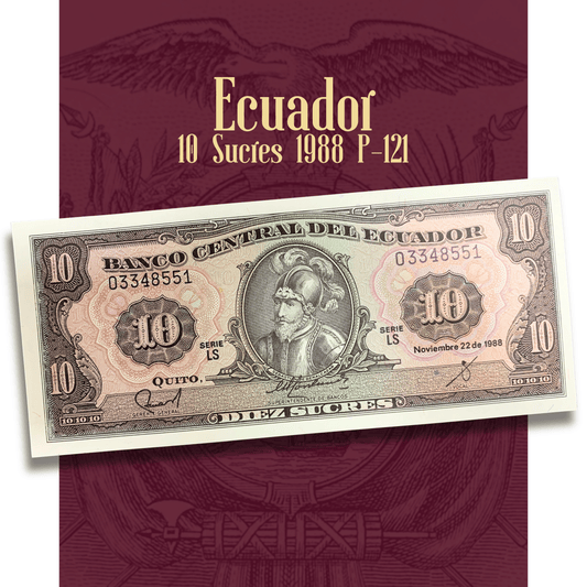 Video showcasing an Ecuador 10 Sucres banknote (P-121), issued by Banco Central del Ecuador in 1988. Features Sebastián de Benalcázar on the obverse and Ecuador’s coat of arms on the reverse, highlighting detailed engraving, paper quality, and collector condition.
