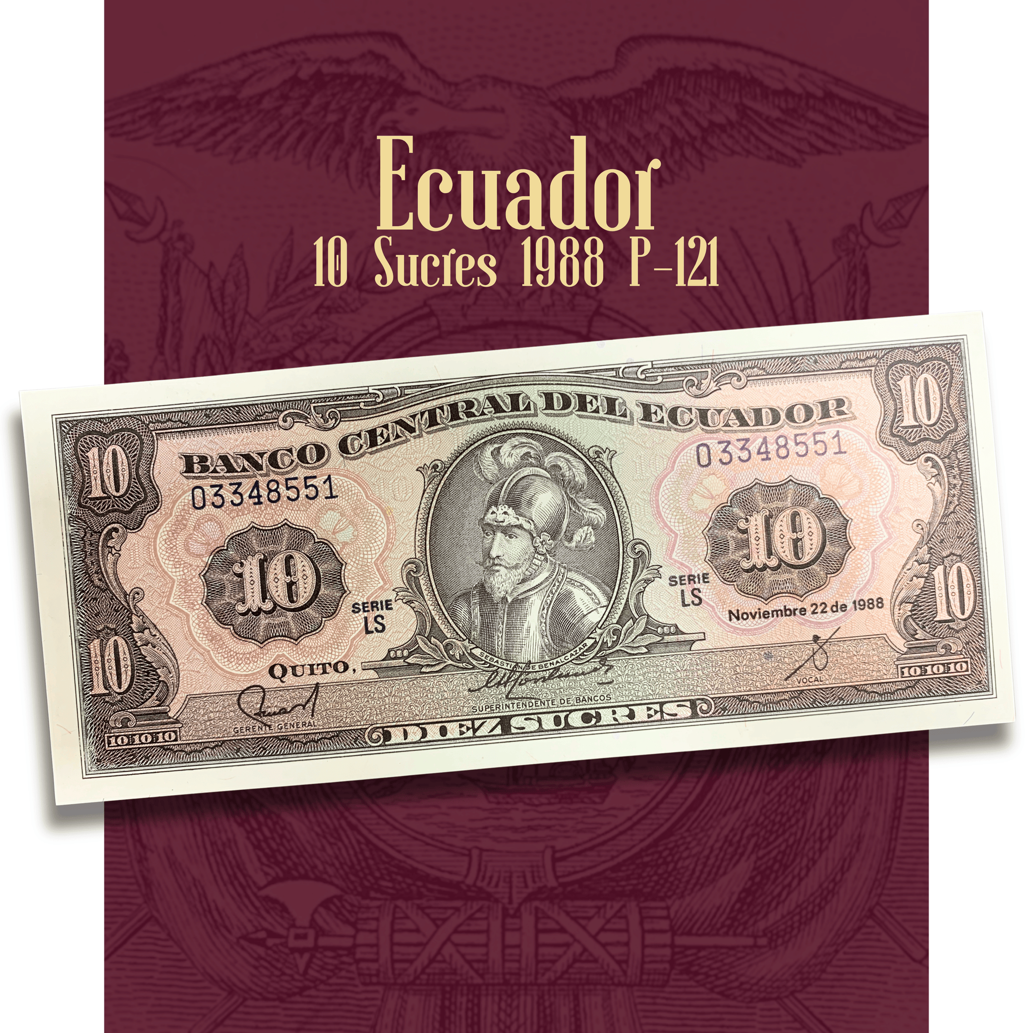 Video showcasing an Ecuador 10 Sucres banknote (P-121), issued by Banco Central del Ecuador in 1988. Features Sebastián de Benalcázar on the obverse and Ecuador’s coat of arms on the reverse, highlighting detailed engraving, paper quality, and collector condition.