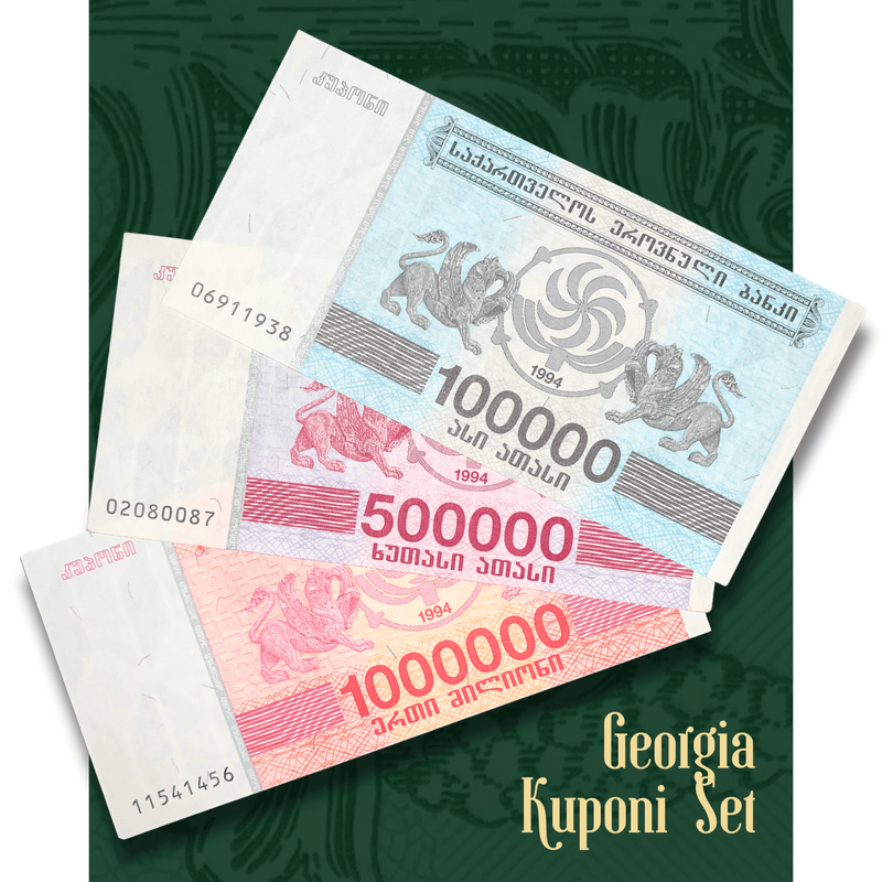 Video showcasing a collection of authentic Georgian Kuponi hyperinflation banknotes, including 100,000, 500,000, and 1,000,000 denominations. The footage highlights both obverse and reverse designs, Georgian inscriptions, mythological creatures, ornate security patterns, and the overall collectible condition of these historic pre-lari notes.