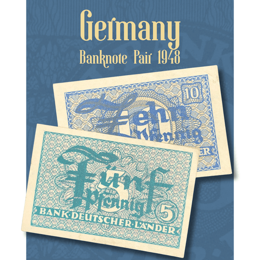 Video showcase of an authentic 1948 Germany Banknote Pair including 5 Pfennig and 10 Pfennig notes issued by Bank Deutscher Länder. Detailed views of both sides highlight intricate security patterns, denominations, and historic post-war German paper money designs.