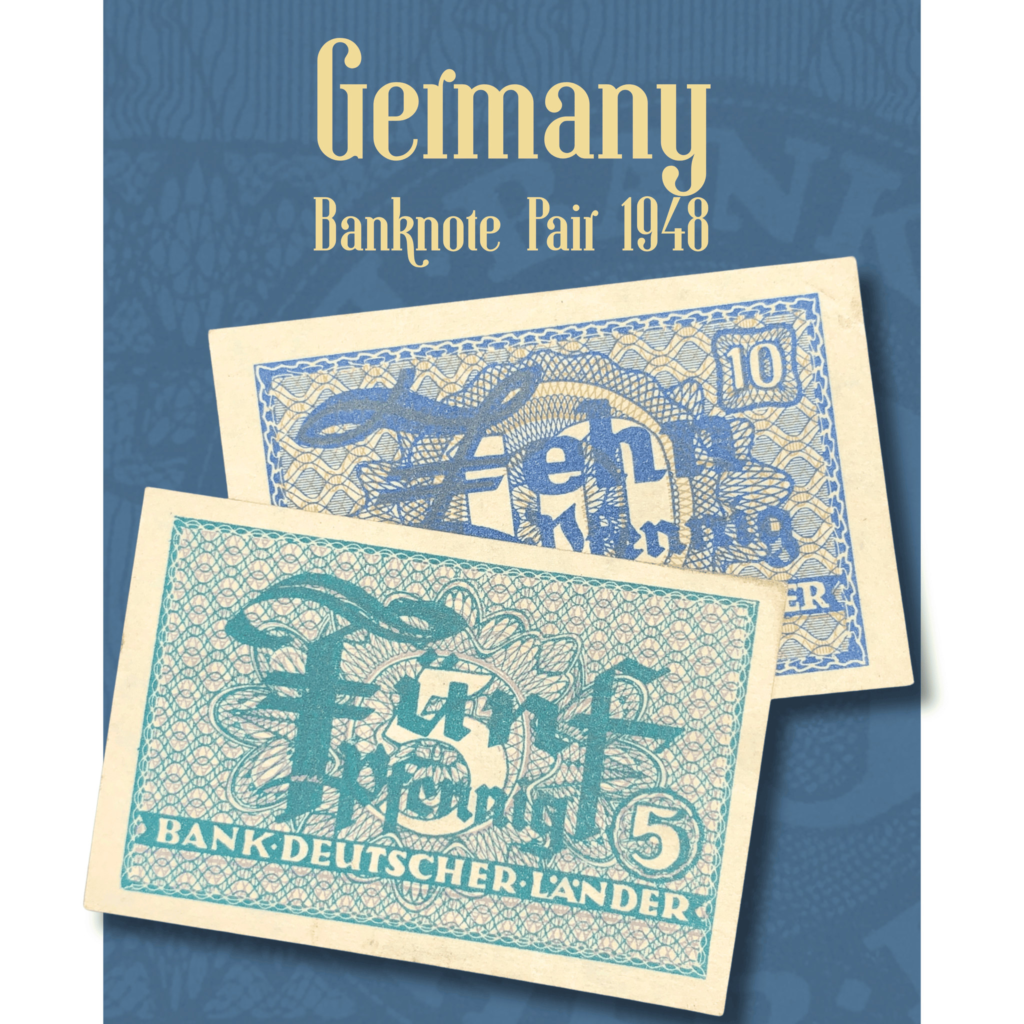 Video showcase of an authentic 1948 Germany Banknote Pair including 5 Pfennig and 10 Pfennig notes issued by Bank Deutscher Länder. Detailed views of both sides highlight intricate security patterns, denominations, and historic post-war German paper money designs.