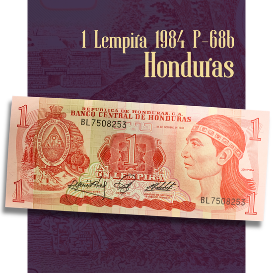 Video showcasing Honduras 1 Lempira banknote P-68b from 1984, highlighting the portrait of Lempira, Honduran coat of arms, detailed security patterns, and the reverse featuring the archaeological ruins of Copán and Mayan cultural heritage.