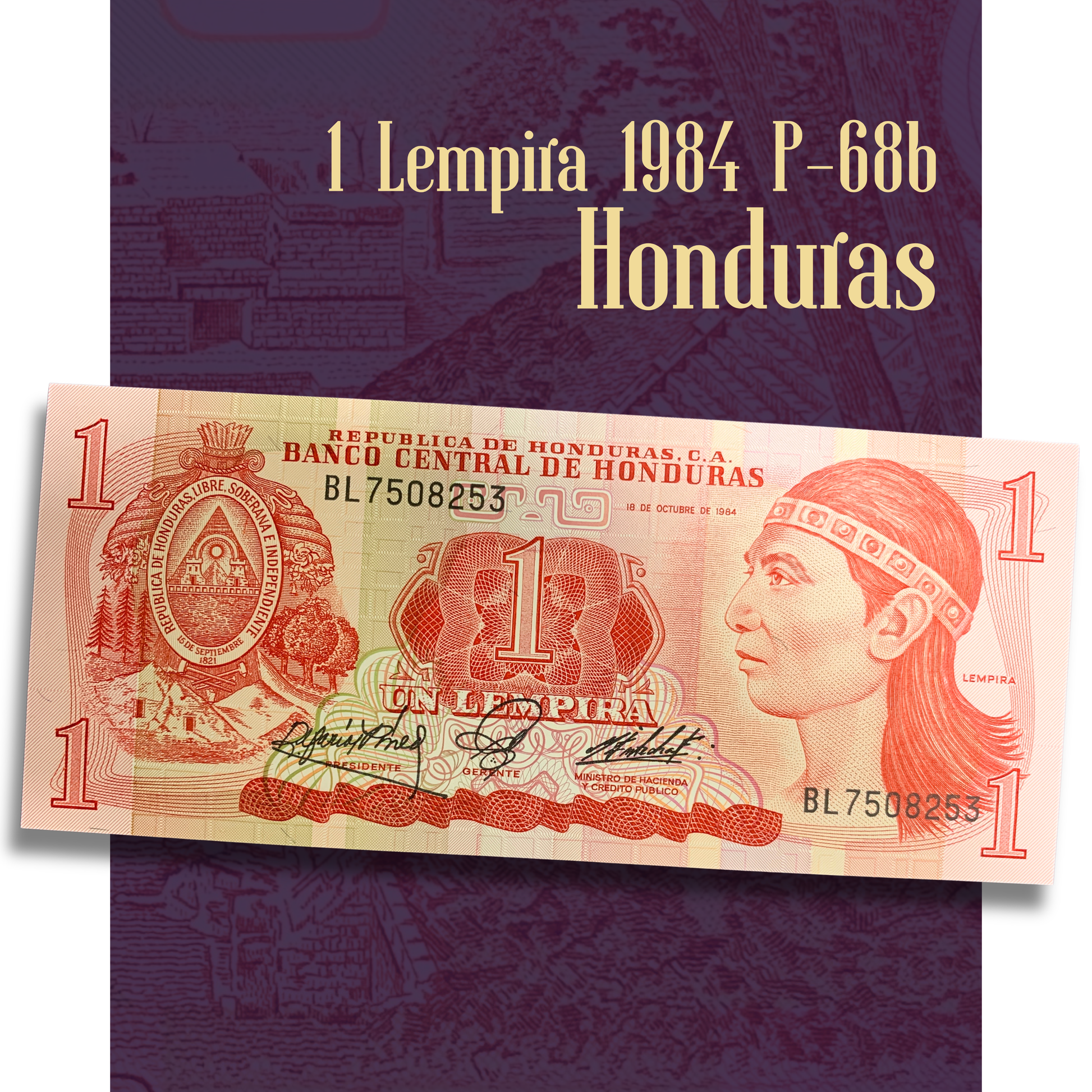 Video showcasing Honduras 1 Lempira banknote P-68b from 1984, highlighting the portrait of Lempira, Honduran coat of arms, detailed security patterns, and the reverse featuring the archaeological ruins of Copán and Mayan cultural heritage.