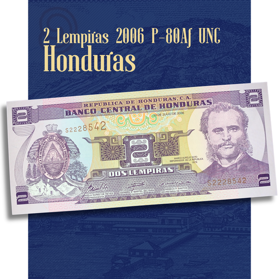 Video showcasing an authentic Honduras 2 Lempiras banknote, 2006 issue, Pick P-80Af, in UNC (Uncirculated) condition. Smooth close-up views highlight the portrait of Marco Aurelio Soto, the Isla del Tigre landscape, vibrant colors, intricate engraving, and advanced security features on both sides of the collectible banknote.