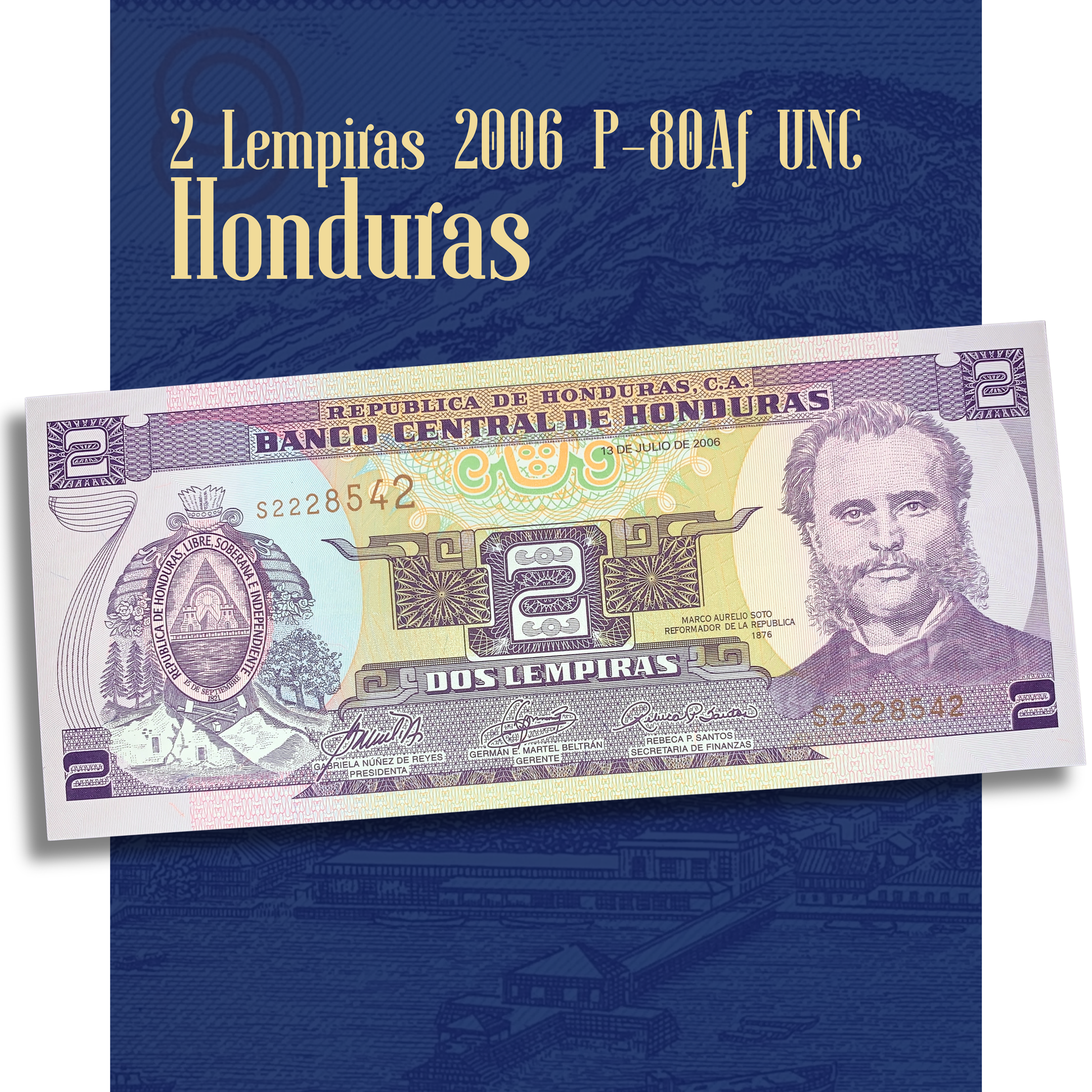 Video showcasing an authentic Honduras 2 Lempiras banknote, 2006 issue, Pick P-80Af, in UNC (Uncirculated) condition. Smooth close-up views highlight the portrait of Marco Aurelio Soto, the Isla del Tigre landscape, vibrant colors, intricate engraving, and advanced security features on both sides of the collectible banknote.