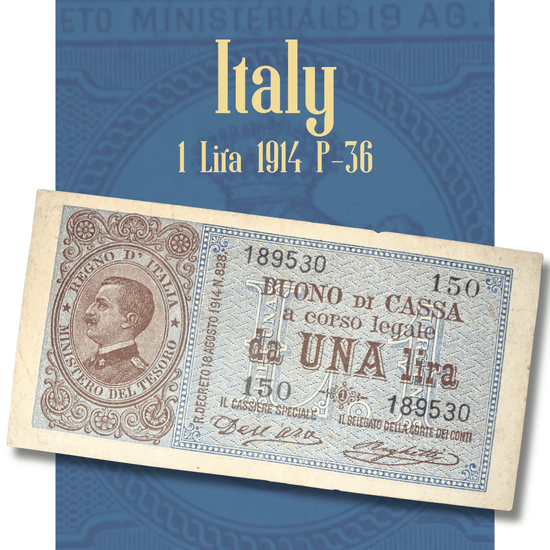 Rotating video showcasing an authentic Italy 1 Lira banknote issued in 1914 (Pick P-36). The video displays both the obverse featuring King Vittorio Emanuele III and the reverse with the crowned Savoy coat of arms, highlighting intricate engraving, original paper texture, and collectible condition from multiple angles.
