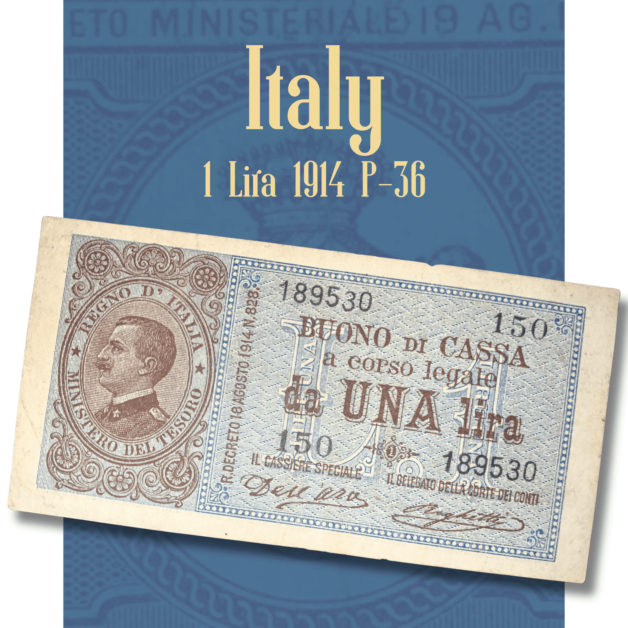 Rotating video showcasing an authentic Italy 1 Lira banknote issued in 1914 (Pick P-36). The video displays both the obverse featuring King Vittorio Emanuele III and the reverse with the crowned Savoy coat of arms, highlighting intricate engraving, original paper texture, and collectible condition from multiple angles.
