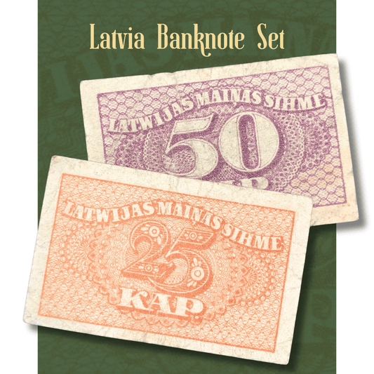 Rotating display of authentic Latvia banknote set containing 25 Kapiku and 50 Kapiku emergency currency notes. Close-up views highlight intricate engraving, historic Latvian inscriptions, denomination details, paper texture, and vintage condition of these collectible Baltic banknotes.