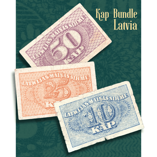 Video showcasing a vintage Latvia kapēkas banknote set from 1920, featuring authentic emergency currency notes in 10, 25, and 50 kapēkas denominations. The collection displays blue, orange, and purple notes with intricate guilloche patterns, Latvian inscriptions, and large denomination numerals. Notes exhibit circulated condition with visible folds, creases, edge wear, and age-related toning, highlighting their historical character from Latvia's early independence period.