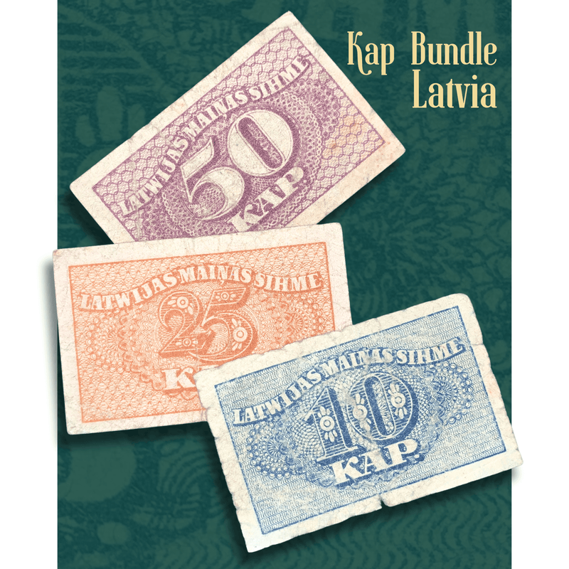 Video showcasing a vintage Latvia kapēkas banknote set from 1920, featuring authentic emergency currency notes in 10, 25, and 50 kapēkas denominations. The collection displays blue, orange, and purple notes with intricate guilloche patterns, Latvian inscriptions, and large denomination numerals. Notes exhibit circulated condition with visible folds, creases, edge wear, and age-related toning, highlighting their historical character from Latvia's early independence period.