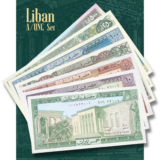 Video presentation of a vintage Lebanon banknote collection including 5, 10, 25, 50, 100, 250, and 500 Livres notes, highlighting detailed engravings, historic landmarks, ancient ruins, cedar trees, and both sides of each banknote