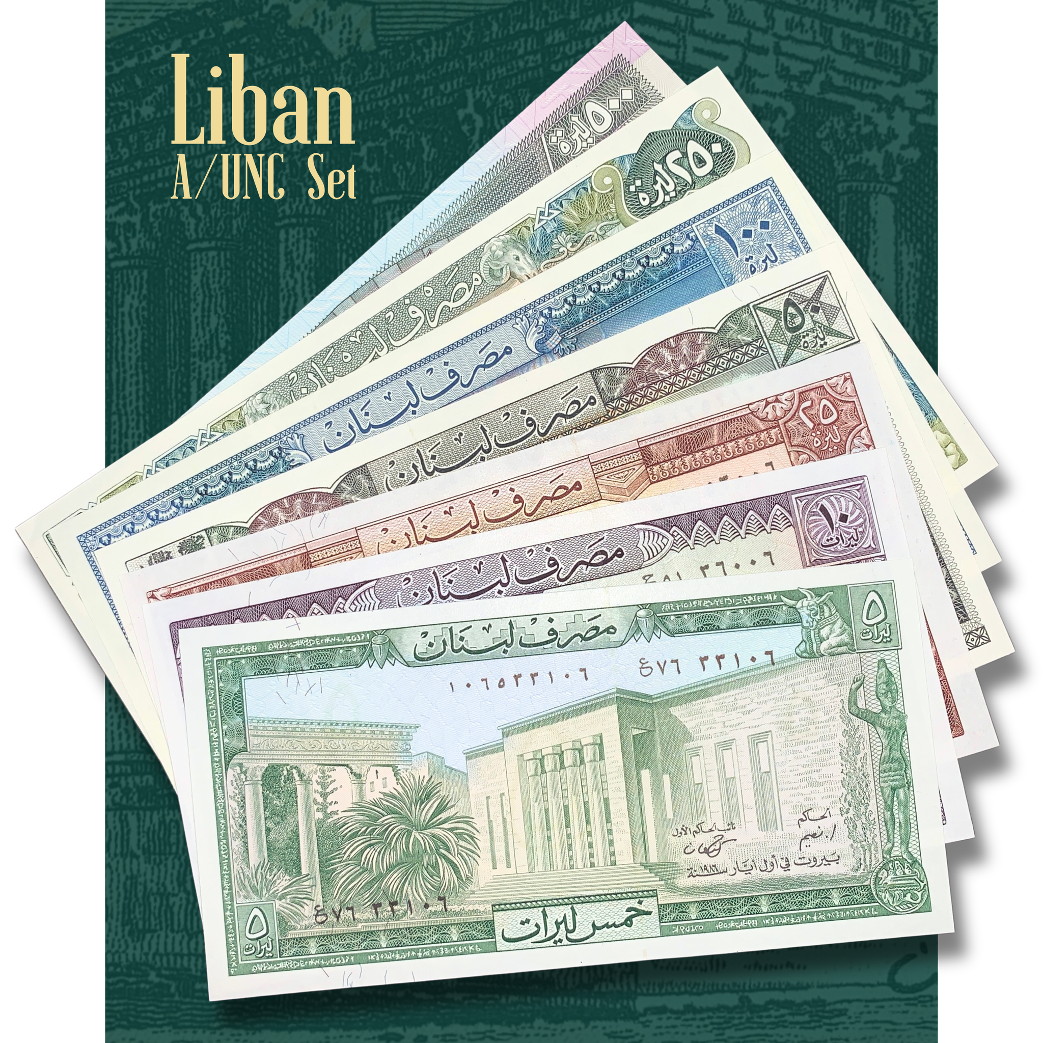 Video presentation of a vintage Lebanon banknote collection including 5, 10, 25, 50, 100, 250, and 500 Livres notes, highlighting detailed engravings, historic landmarks, ancient ruins, cedar trees, and both sides of each banknote