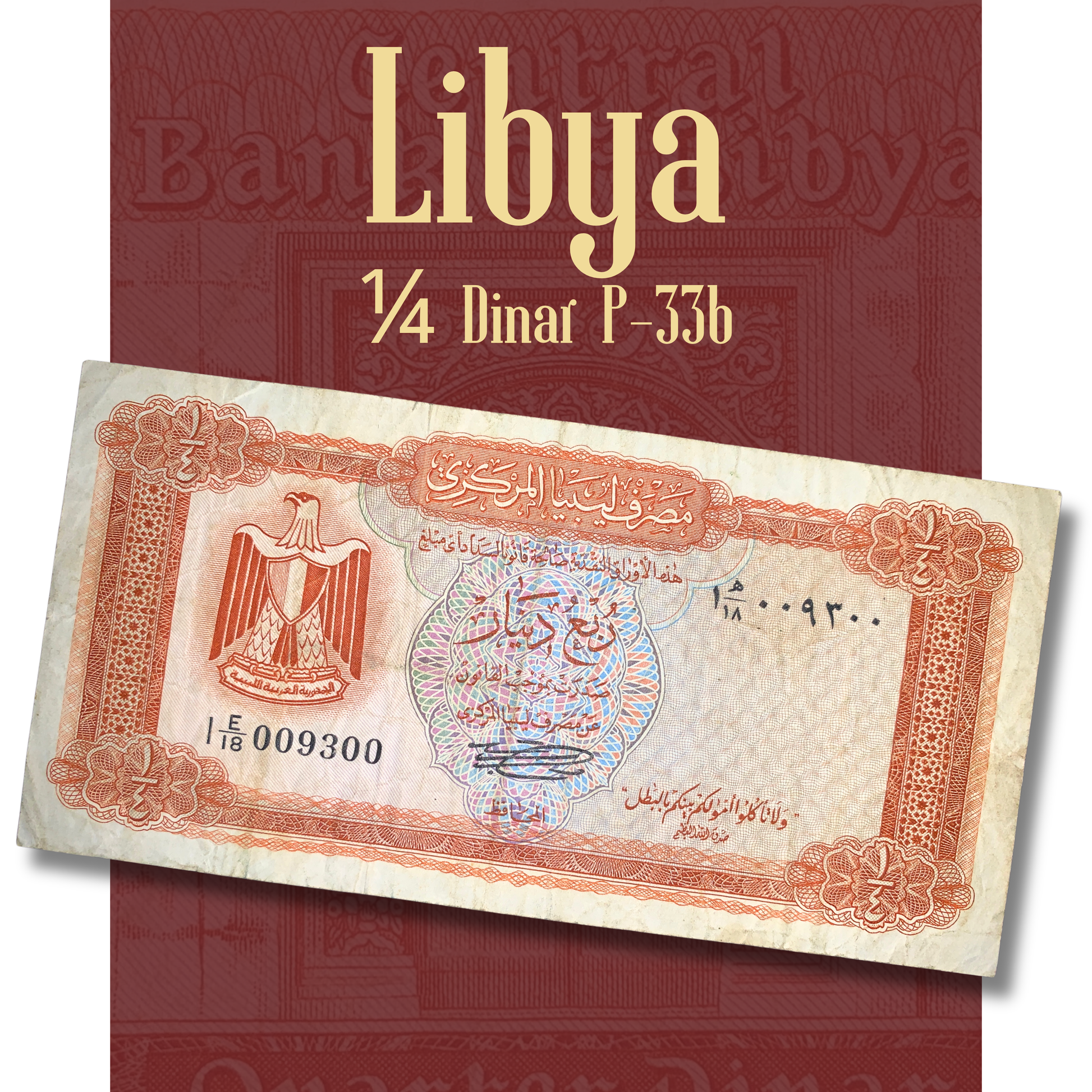 video of an authentic Libya 1/4 Dinar banknote P-33b showcasing both the obverse and reverse. Highlights the Egyptian eagle emblem, ornate doorway design, fine engraved details, multicolor security guilloche, and overall condition of this collectible Libyan banknote.
