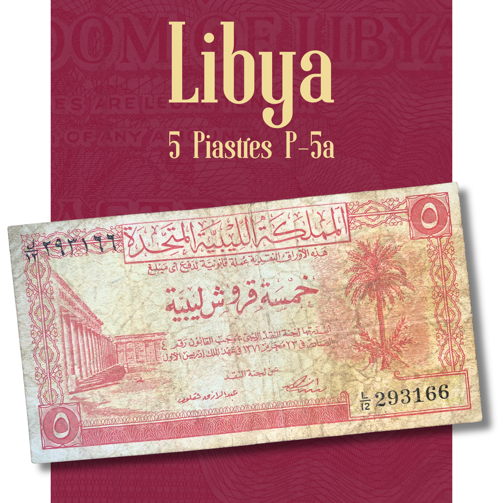 video of an authentic Libya 5 Piastres banknote P-5a showcasing both the obverse and reverse. Highlights the classical building, date palm tree, Arabic inscriptions, intricate guilloche security design, and the "United Kingdom of Libya" reverse, allowing collectors to examine the note's overall condition and details.