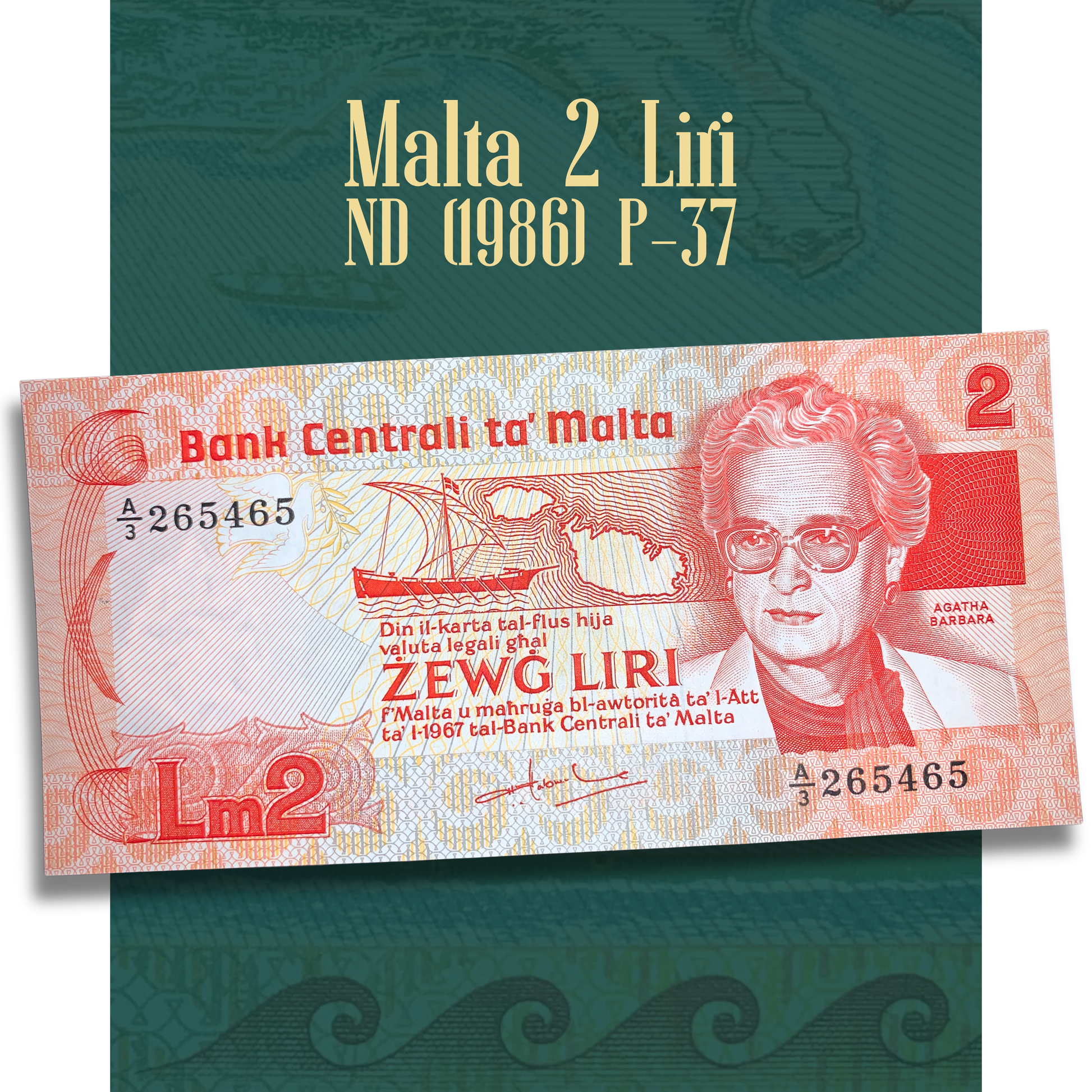 Video showcasing the Malta 2 Liri banknote ND (1986) P-37, displaying both obverse and reverse sides in detail. Features Agatha Barbara, traditional Maltese maritime imagery, a map of Malta, and the Malta Freeport container terminal with cargo cranes and harbor infrastructure. Historic pre-euro Maltese currency in collectible condition.