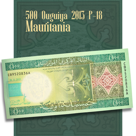 Video showcase of a Mauritania 500 Ouguiya banknote (P-18) issued in 2013, presenting detailed views of the front and back designs. The footage highlights the intricate geometric artwork, Arabic inscriptions, watermark area, security elements, agricultural harvest scene, industrial facility illustration, and overall banknote condition for collectors and world currency enthusiasts.