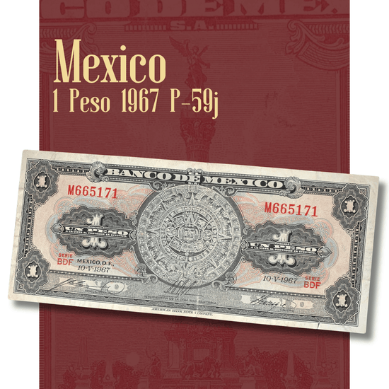 Video showcasing an authentic Mexico 1 Peso banknote dated 10 May 1967, Pick P-59j. Smooth close-up views highlight the intricate Aztec Sun Stone on the obverse, the Angel of Independence monument on the reverse, detailed engraved artwork, and the collectible condition of this historic Banco de México note.