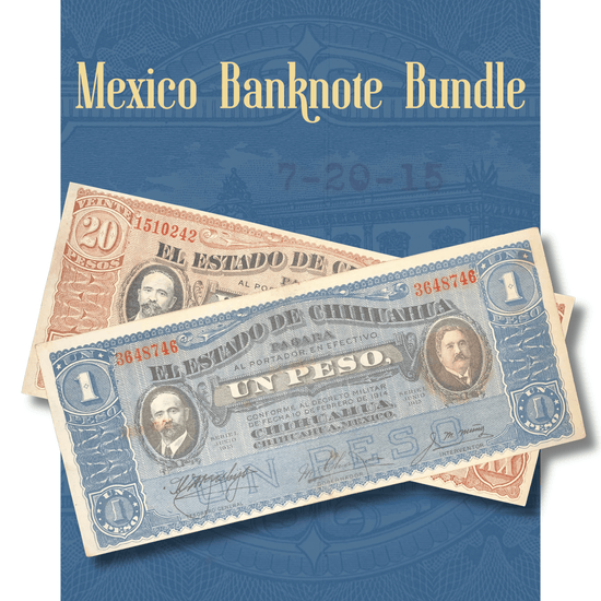 Video showcasing an authentic Mexico Chihuahua Revolutionary banknote bundle featuring 1 Peso and 20 Pesos notes, displaying both obverse and reverse designs.