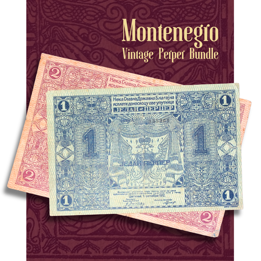 Vintage Montenegro Perper banknote collection featuring 1912 1 Perper P-1 and 2 Perpera P-2 paper money notes in Fine condition for collectors and numismatists