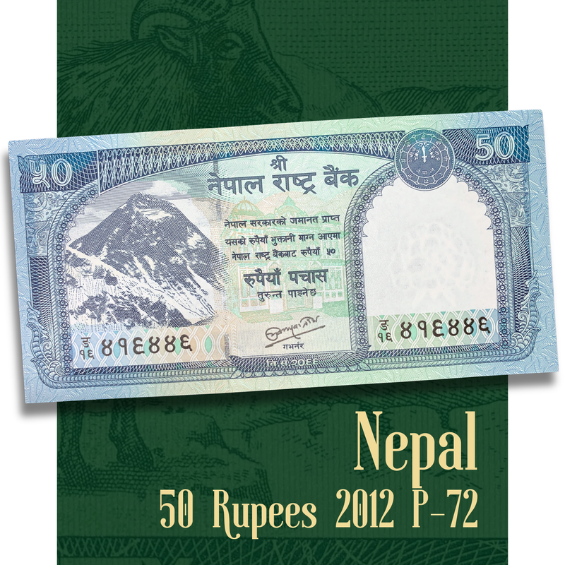 video of an authentic Nepal 50 Rupees banknote 2012 P-72 showcasing the obverse with Mount Everest and the reverse featuring a Himalayan sheep against the Himalayan mountains, highlighting the note's intricate engraving, colors, and collectible condition.