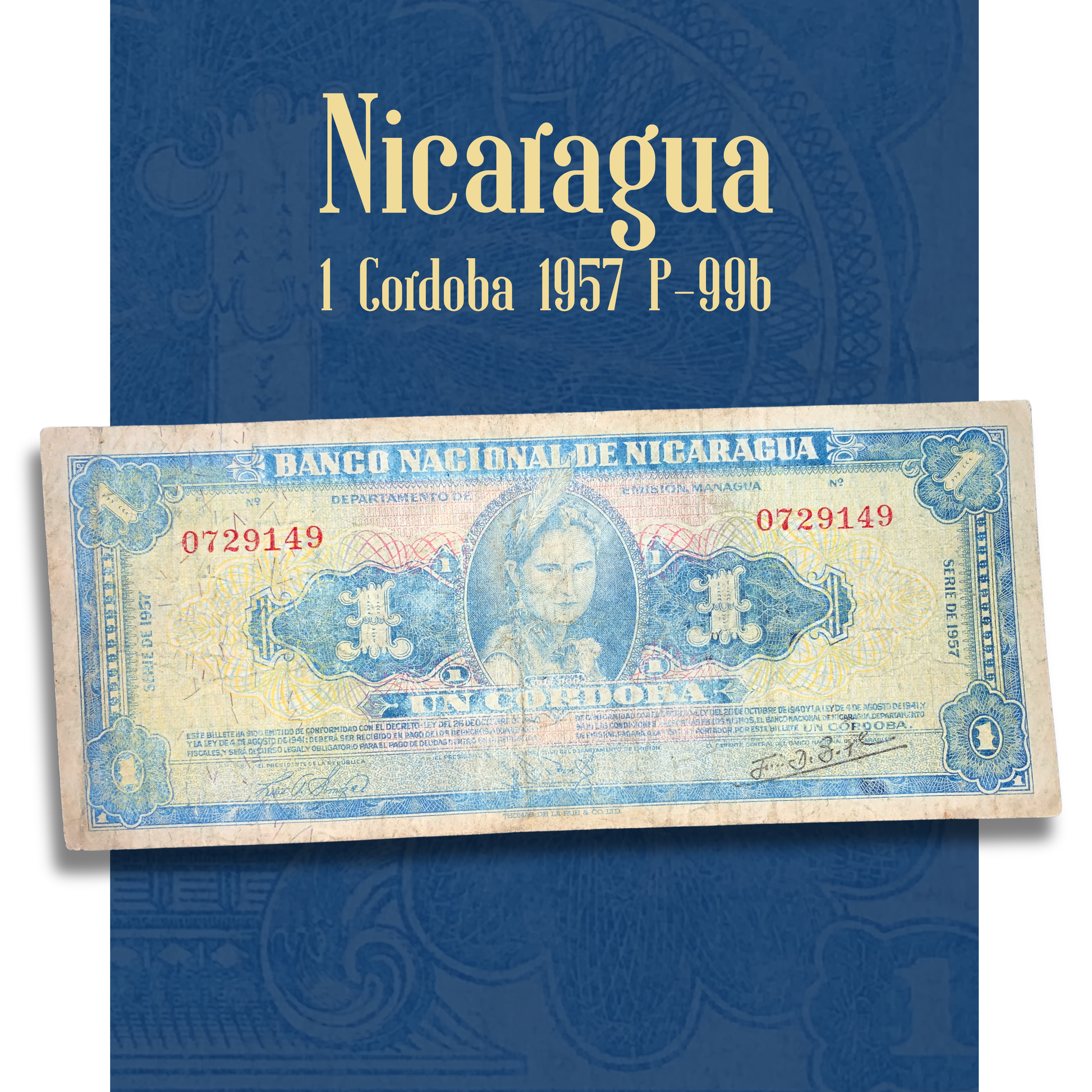 Video of Nicaragua 1 Córdoba 1957 P-99b banknote displaying front and back views, indigenous woman portrait, Banco Nacional de Nicaragua building, and vintage collectible paper money condition