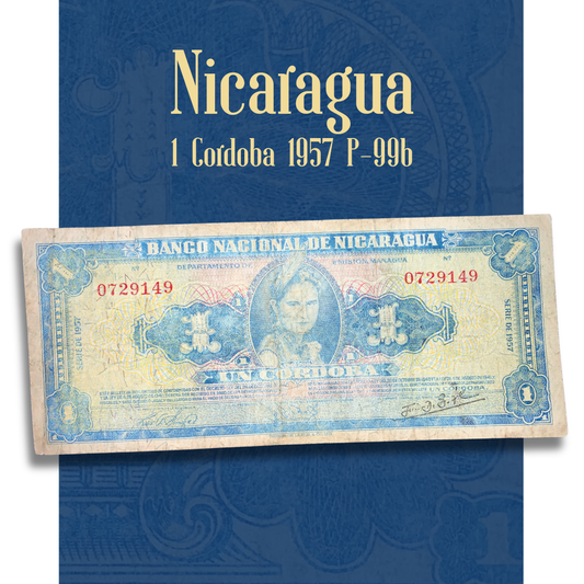 Video of Nicaragua 1 Córdoba 1957 P-99b banknote displaying front and back views, indigenous woman portrait, Banco Nacional de Nicaragua building, and vintage collectible paper money condition