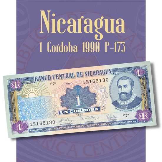 Nicaragua 1 Córdoba Oro banknote 1990 P-173 collectible paper money featuring Francisco Hernández de Córdoba on the obverse, displayed on a purple background with product title.