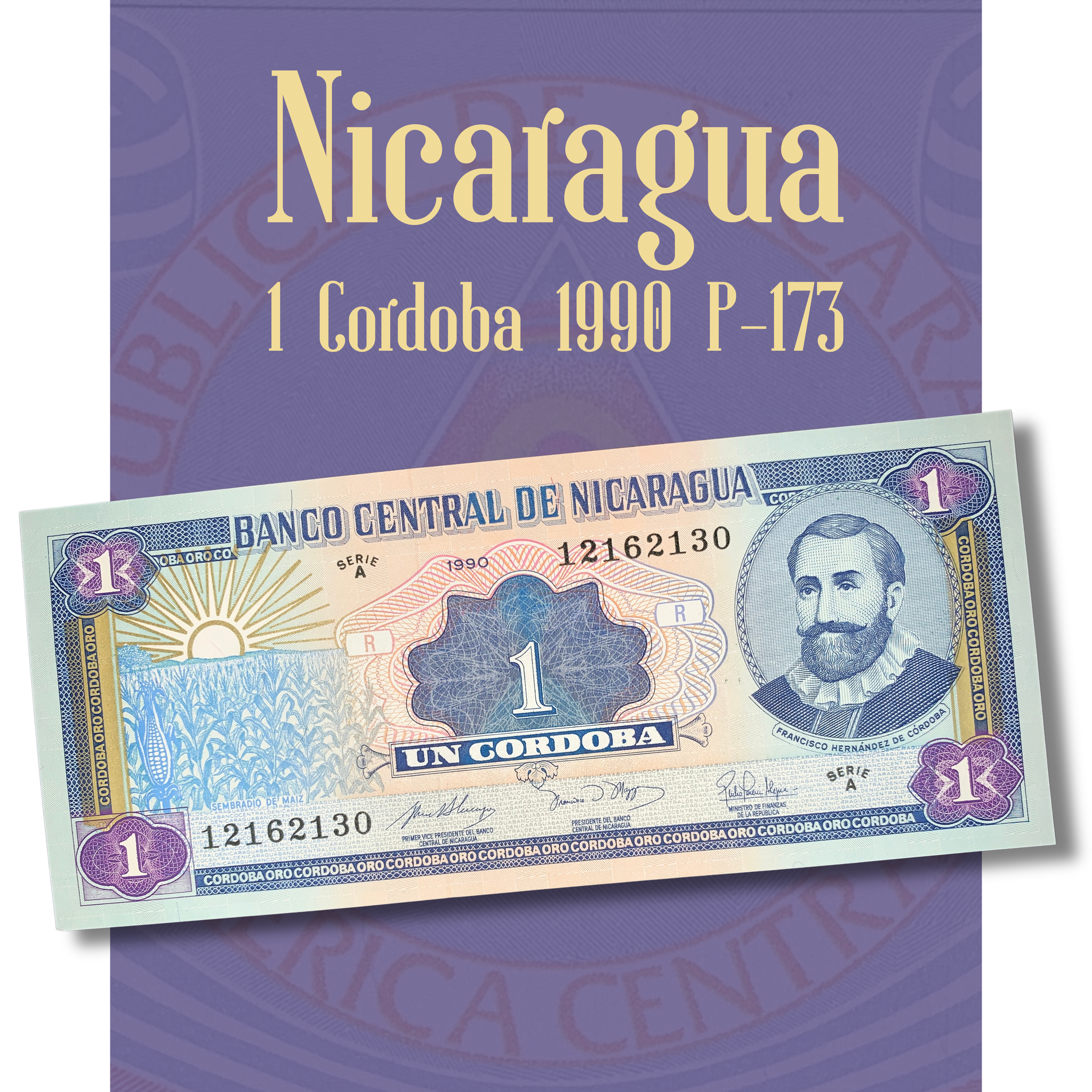 Nicaragua 1 Córdoba Oro banknote 1990 P-173 collectible paper money featuring Francisco Hernández de Córdoba on the obverse, displayed on a purple background with product title.