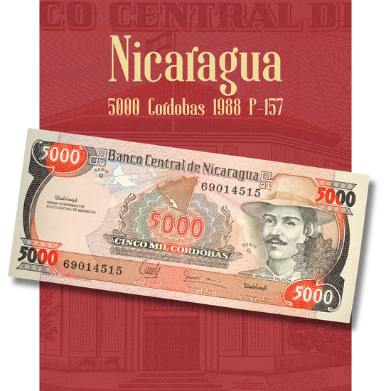 Authentic Nicaragua 5000 Cordobas 1988 P-157 UNC banknote shown in detail, featuring General Benjamin Zeledon portrait, National Assembly building, hyperinflation-era currency, Banco Central de Nicaragua collectible paper money.
