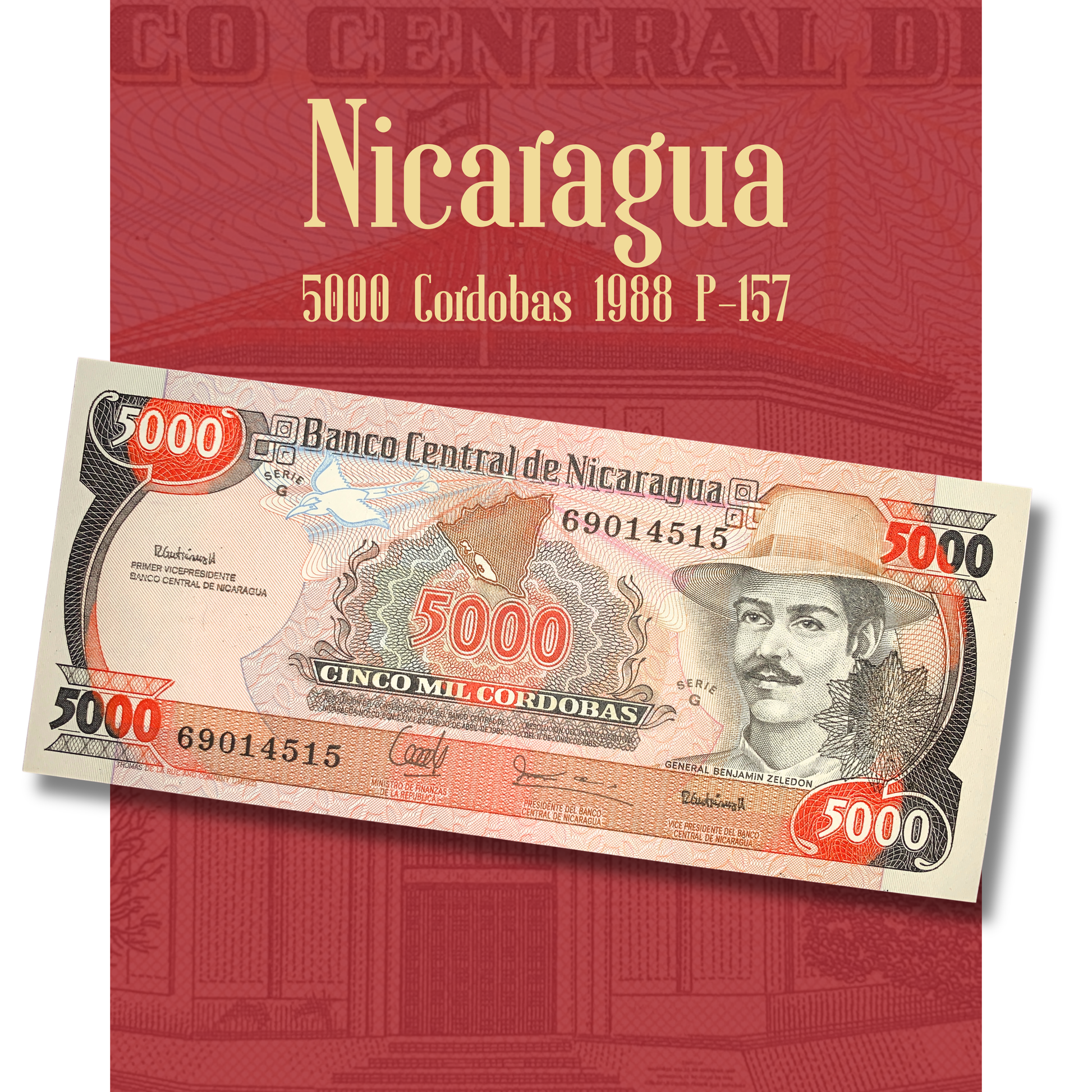 Authentic Nicaragua 5000 Cordobas 1988 P-157 UNC banknote shown in detail, featuring General Benjamin Zeledon portrait, National Assembly building, hyperinflation-era currency, Banco Central de Nicaragua collectible paper money.
