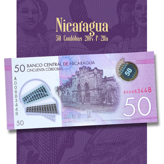 Video of Nicaragua 50 Córdobas 2014 P-211a UNC polymer banknote showcasing front and back views, security window, holographic elements and uncirculated collectible condition