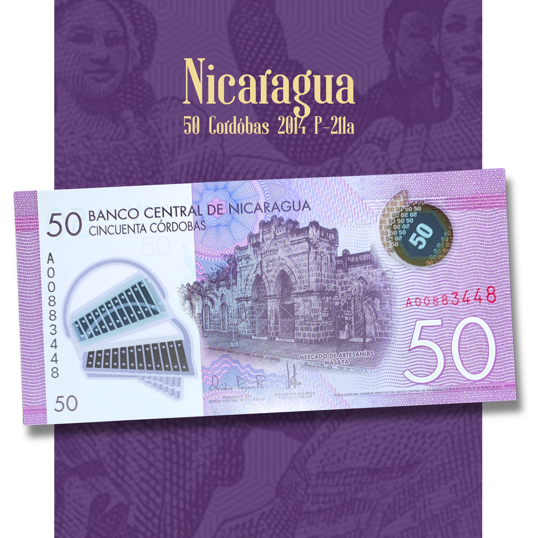 Video of Nicaragua 50 Córdobas 2014 P-211a UNC polymer banknote showcasing front and back views, security window, holographic elements and uncirculated collectible condition