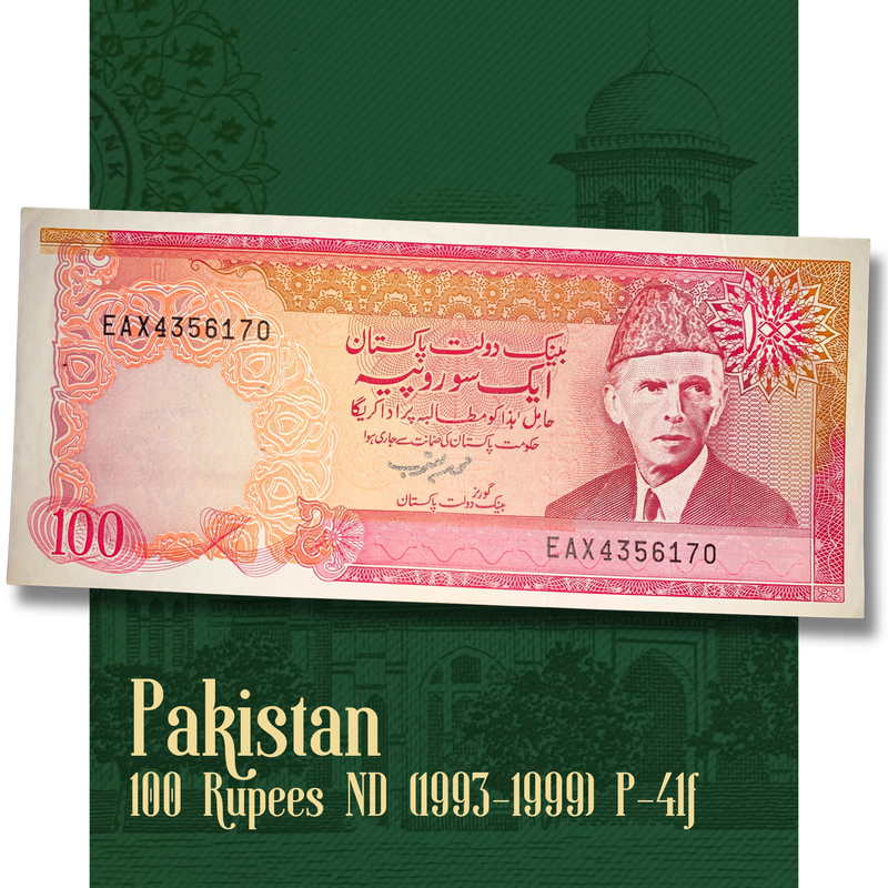 Rotating video of an authentic Pakistan 100 Rupees banknote ND (1993–1999) P-41f showcasing the obverse with Muhammad Ali Jinnah and the reverse featuring Islamia College Peshawar, highlighting the note's detailed engraving, vibrant colors, and collectible condition.