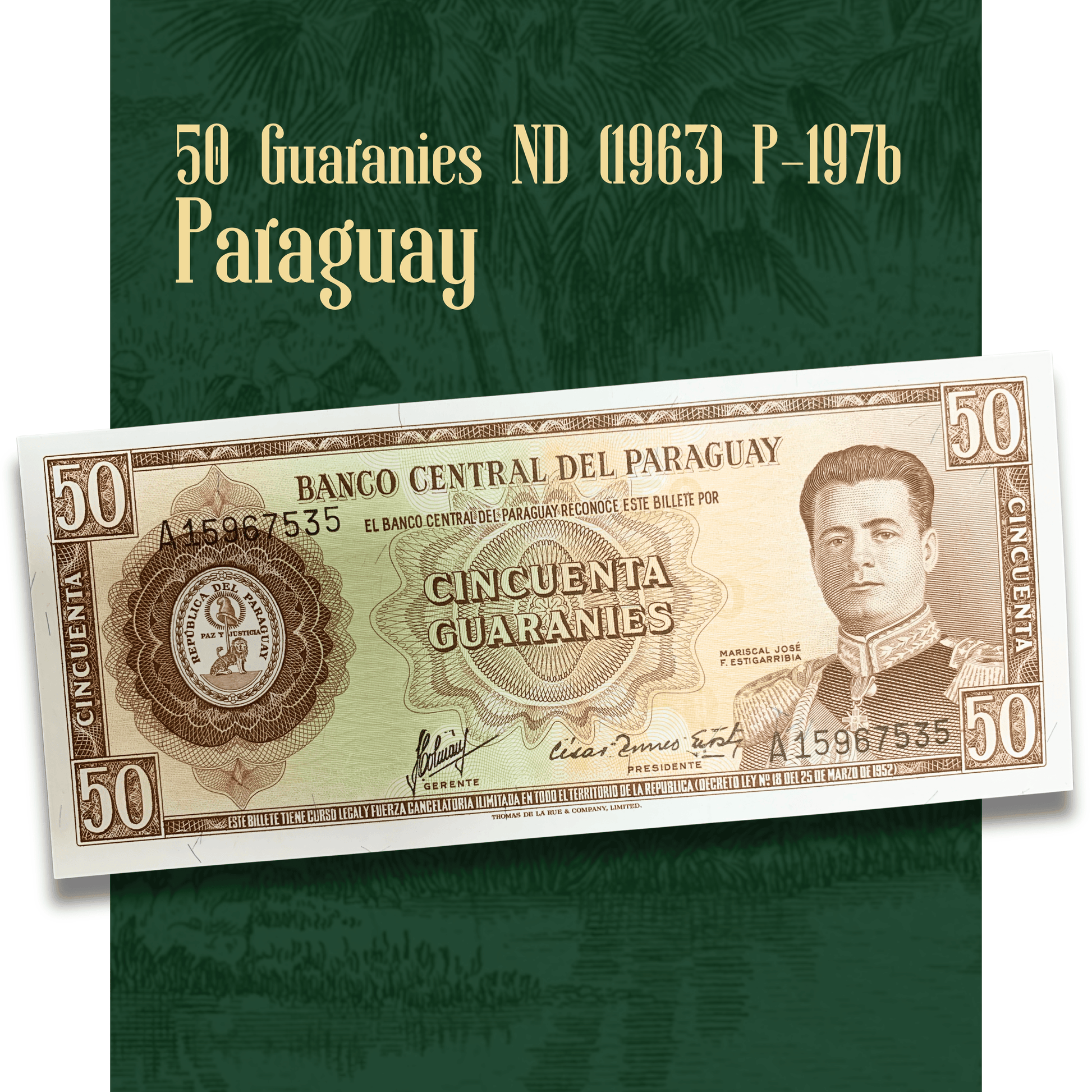 Video presentation of an authentic Paraguay 50 Guaraníes banknote (P-197b) issued by Banco Central del Paraguay. The footage showcases both sides of the note, highlighting the portrait of Marshal José Félix Estigarribia, the Paraguayan national seal, denomination markings, detailed engraved security patterns, and the scenic Trans-Chaco Route landscape on the reverse with bridge, palm trees, cattle, and countryside imagery. Actual serial numbers may vary as multiple banknotes are available.