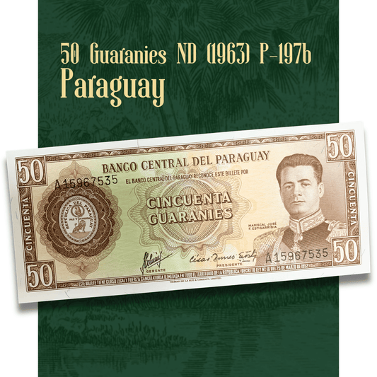 Video presentation of an authentic Paraguay 50 Guaraníes banknote (P-197b) issued by Banco Central del Paraguay. The footage showcases both sides of the note, highlighting the portrait of Marshal José Félix Estigarribia, the Paraguayan national seal, denomination markings, detailed engraved security patterns, and the scenic Trans-Chaco Route landscape on the reverse with bridge, palm trees, cattle, and countryside imagery. Actual serial numbers may vary as multiple banknotes are available.