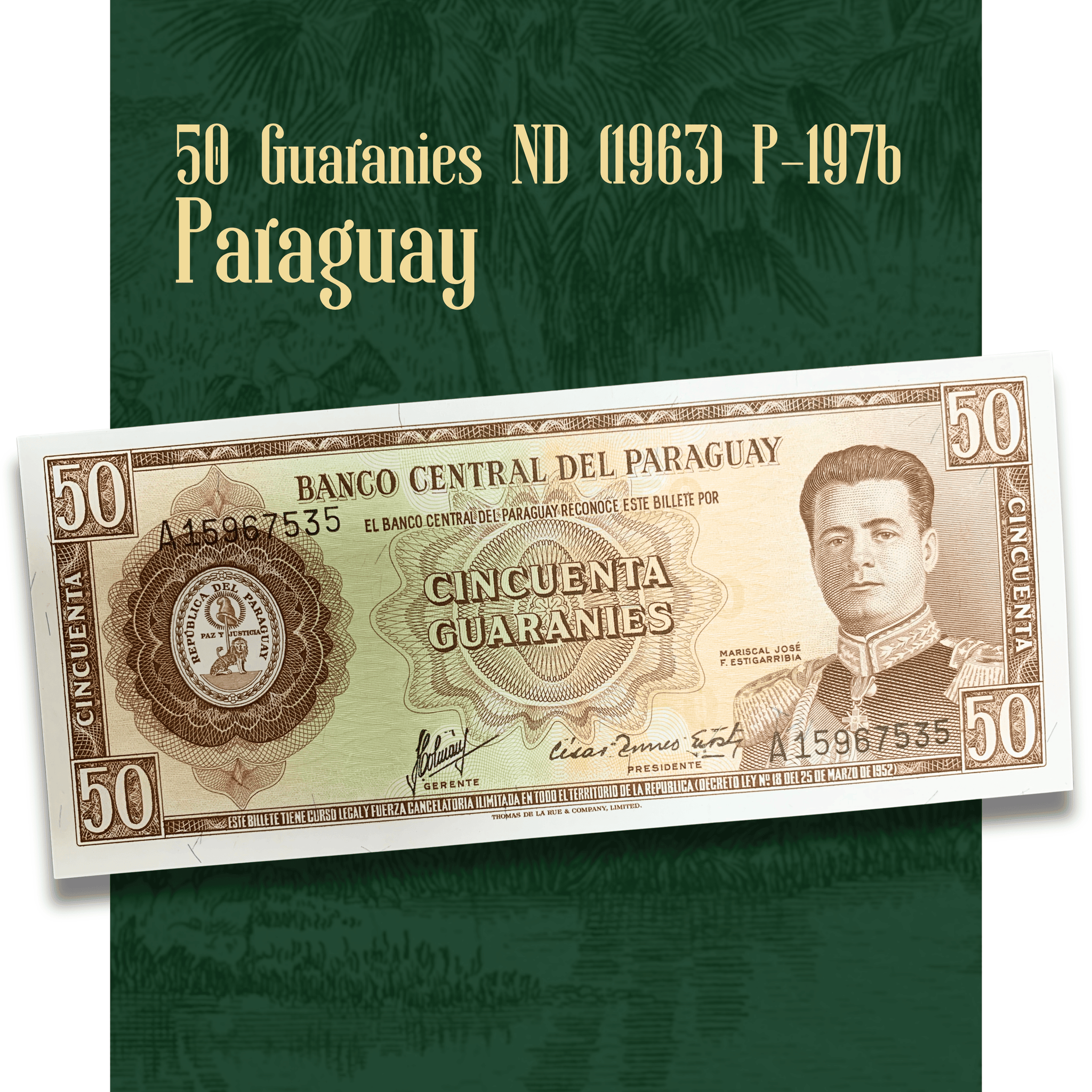 Video presentation of an authentic Paraguay 50 Guaraníes banknote (P-197b) issued by Banco Central del Paraguay. The footage showcases both sides of the note, highlighting the portrait of Marshal José Félix Estigarribia, the Paraguayan national seal, denomination markings, detailed engraved security patterns, and the scenic Trans-Chaco Route landscape on the reverse with bridge, palm trees, cattle, and countryside imagery. Actual serial numbers may vary as multiple banknotes are available.