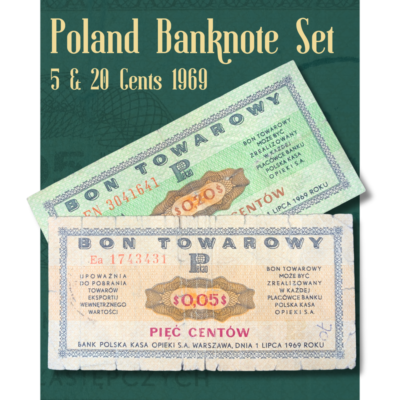Rotating video showcasing an authentic 1969 Poland PKO export voucher banknote set, including 5 Cents and 20 Cents Bon Towarowy notes, with detailed views of the obverse and reverse, intricate guilloche patterns, serial numbers, and circulated condition.