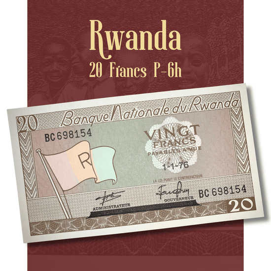 Rotating showcase of a Rwanda 20 Francs P-6h banknote featuring detailed views of the front and back designs, national flag motif, schoolchildren vignette, development-themed imagery, intricate engraved patterns, and collectible world currency details.